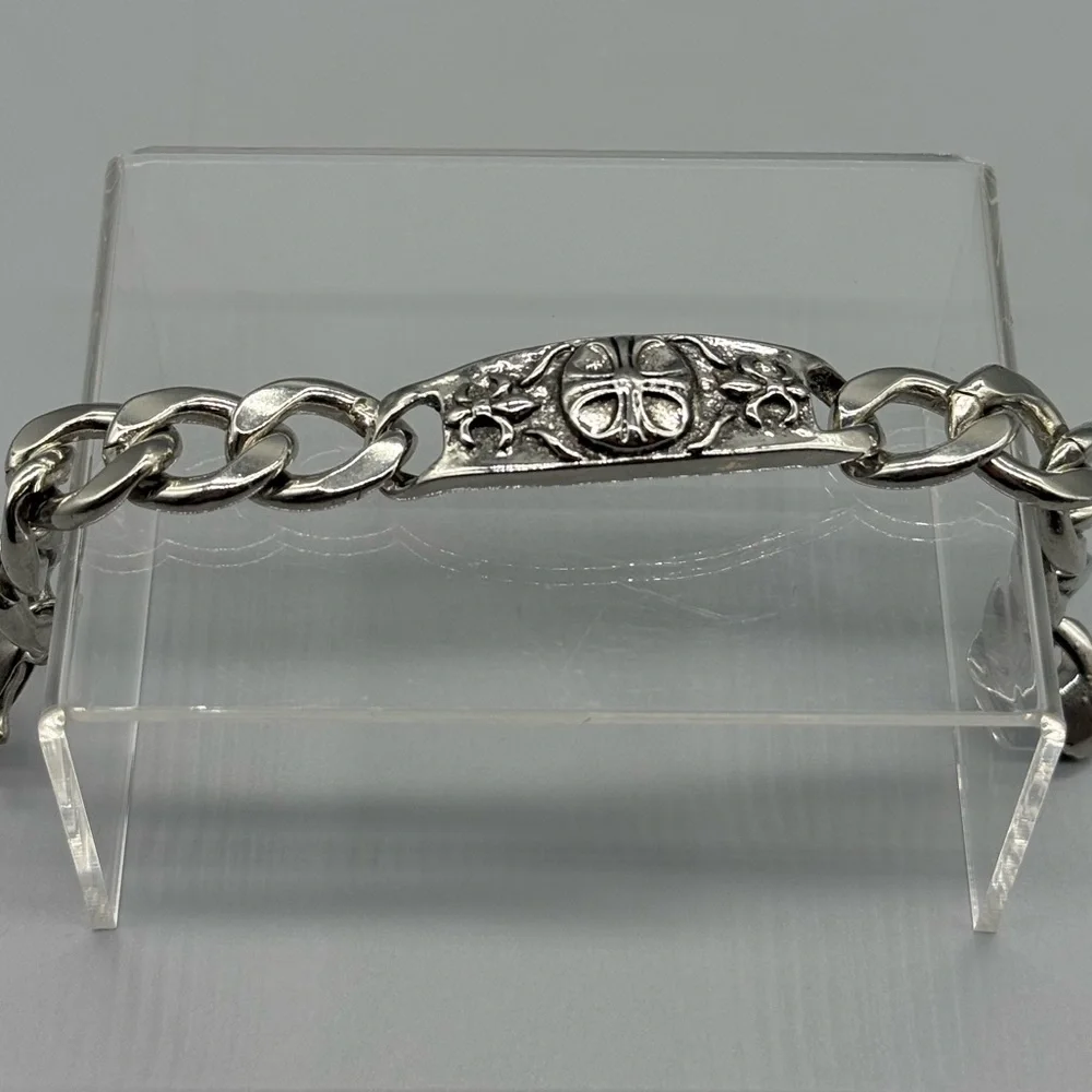 Silver ID Cross Fancy Link Cuban Bracelet.